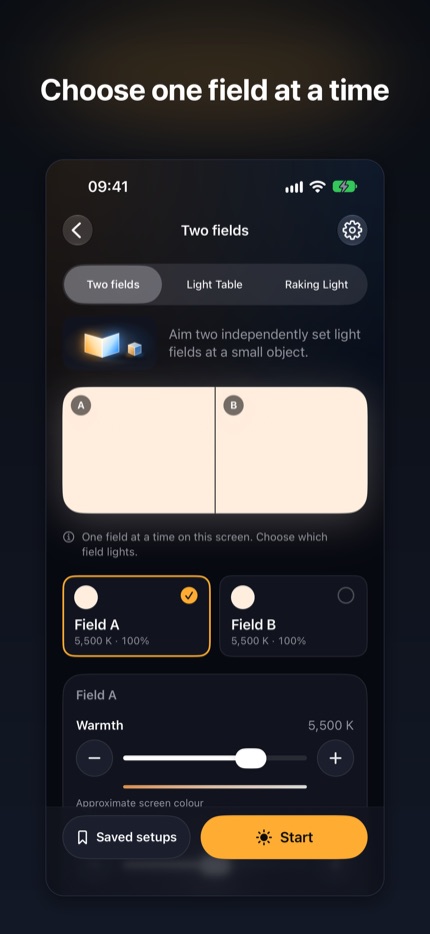 FoldLit's Two fields screen, with Field A and Field B light settings and a Start button